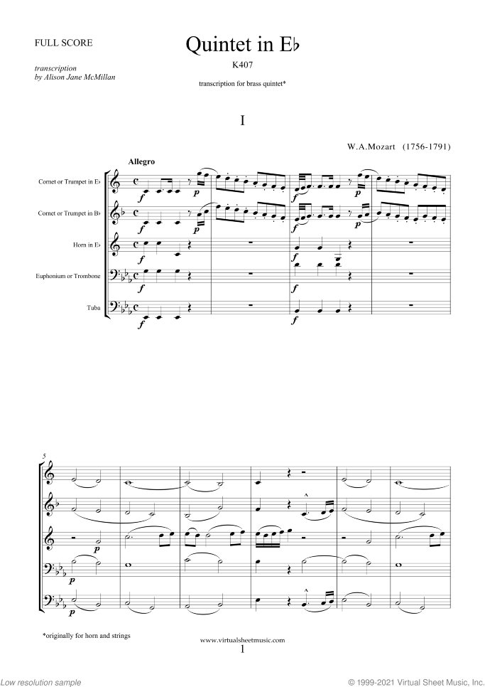 Quintet in Eb K407 (f.score) sheet music for brass quintet by Wolfgang Amadeus Mozart, classical score, intermediate/advanced skill level