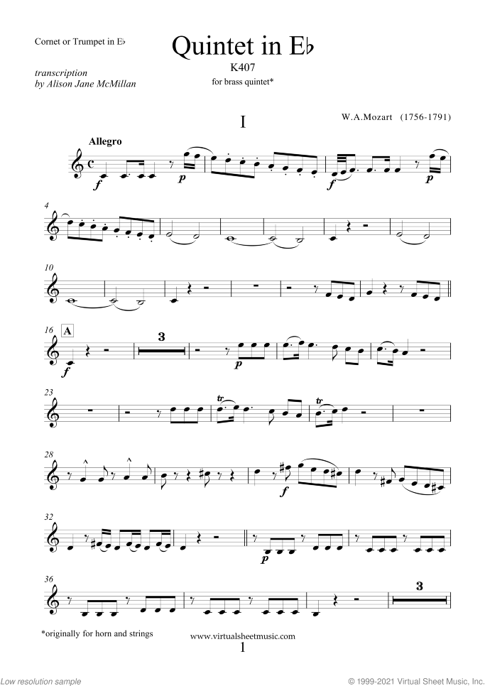 Quintet in Eb K407 (parts) sheet music for brass quintet by Wolfgang Amadeus Mozart, classical score, intermediate/advanced skill level