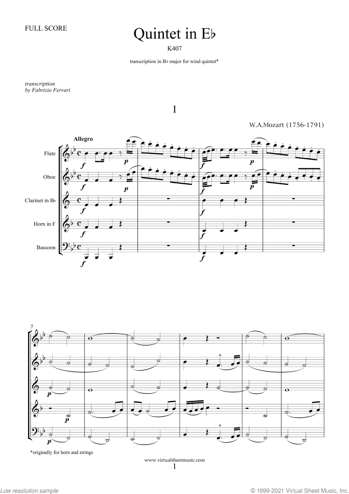 Quintet in Eb K407 (f.score) sheet music for wind quintet by Wolfgang Amadeus Mozart, classical score, intermediate/advanced skill level