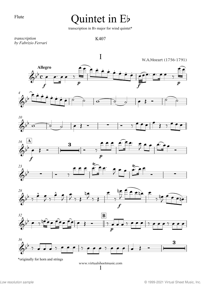 Quintet in Eb K407 (parts) sheet music for wind quintet by Wolfgang Amadeus Mozart, classical score, intermediate/advanced skill level