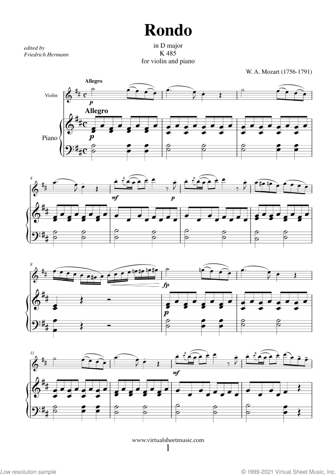 Rondo in D major K485 sheet music for violin and piano by Wolfgang Amadeus Mozart, classical score, intermediate skill level