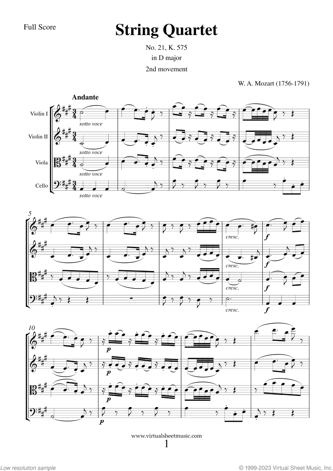 String Quartet No. 21 in D major, 2nd movement K 575 (f.score) sheet music