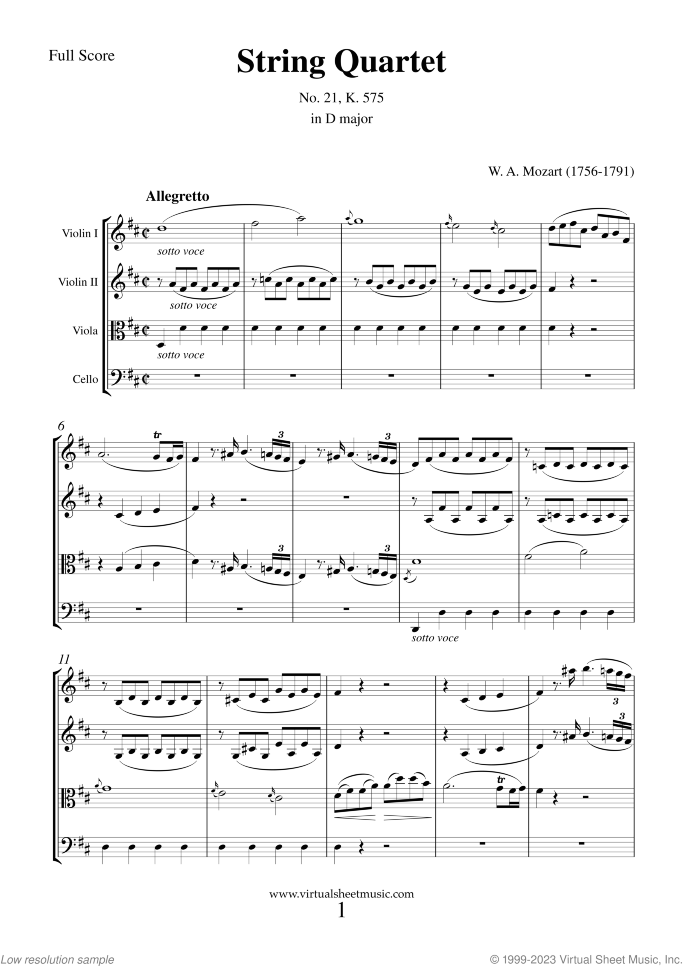 String Quartet No. 21 in D major K 575 (COMPLETE) sheet music for string quartet by Wolfgang Amadeus Mozart, classical score, intermediate skill level