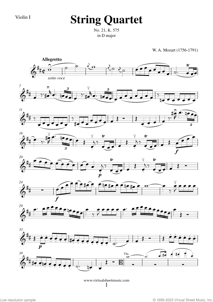 String Quartet No. 21 in D major K 575 (parts) sheet music for string quartet by Wolfgang Amadeus Mozart, classical score, intermediate skill level