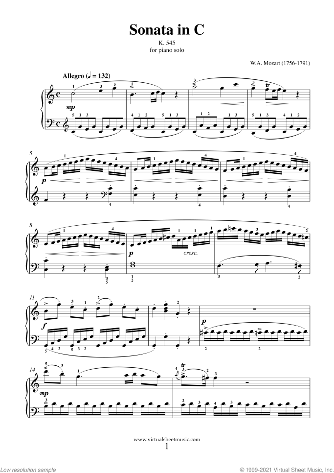 Sonata in C major K545 (NEW EDITION) sheet music for piano solo by Wolfgang Amadeus Mozart, classical score, easy skill level