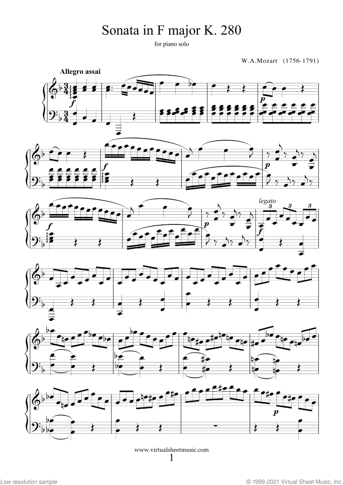 Sonata in F major K280 sheet music for piano solo by Wolfgang Amadeus Mozart, classical score, easy skill level