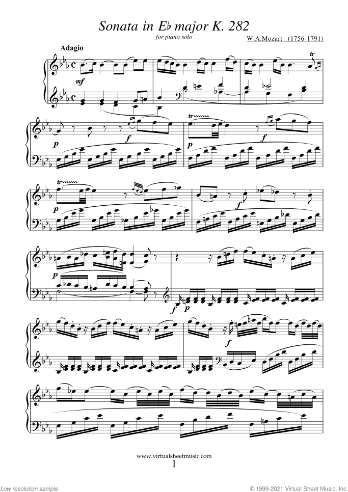Sonata in Eb major K282 sheet music for piano solo by Wolfgang Amadeus Mozart, classical score, easy skill level