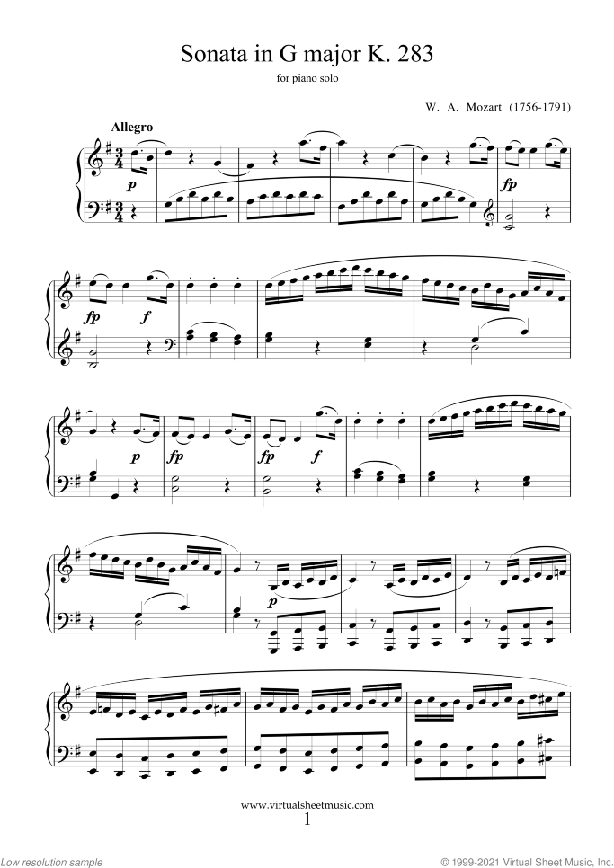 Sonata in G major K283 sheet music for piano solo by Wolfgang Amadeus Mozart, classical score, easy/intermediate skill level
