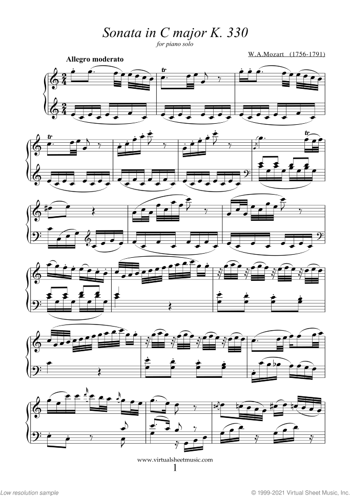 Sonata in C major K330 sheet music for piano solo by Wolfgang Amadeus Mozart, classical score, easy skill level