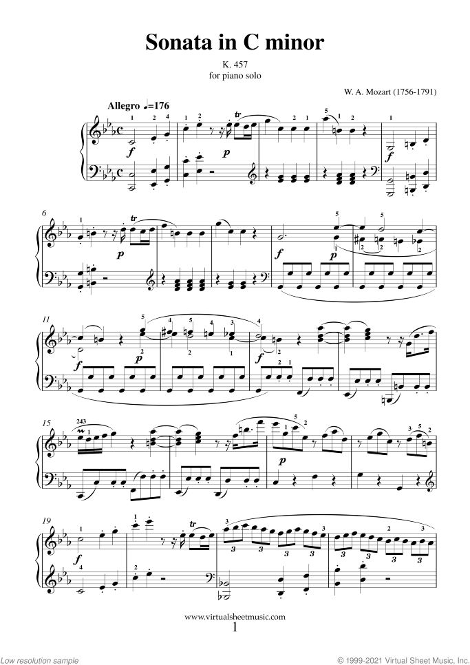 Sonata in C minor K457 sheet music for piano solo by Wolfgang Amadeus Mozart, classical score, intermediate skill level