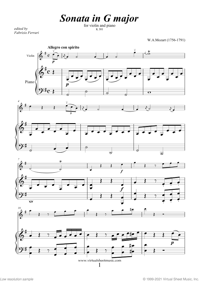 Sonata in G major K301 sheet music for violin and piano by Wolfgang Amadeus Mozart, classical score, intermediate skill level