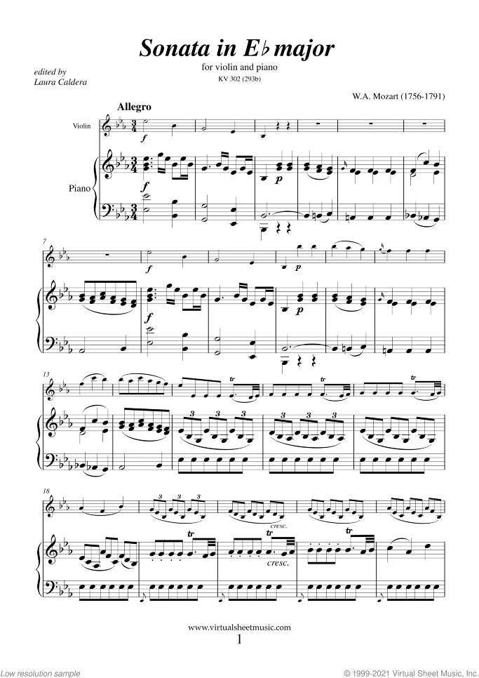 Sonata in Eb major K302 sheet music for violin and piano by Wolfgang Amadeus Mozart, classical score, intermediate skill level
