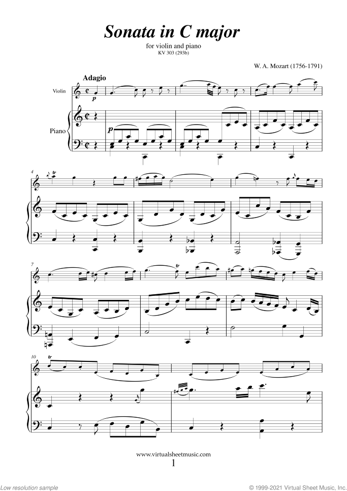 Sonata in C major K303 sheet music for violin and piano by Wolfgang Amadeus Mozart, classical score, intermediate skill level