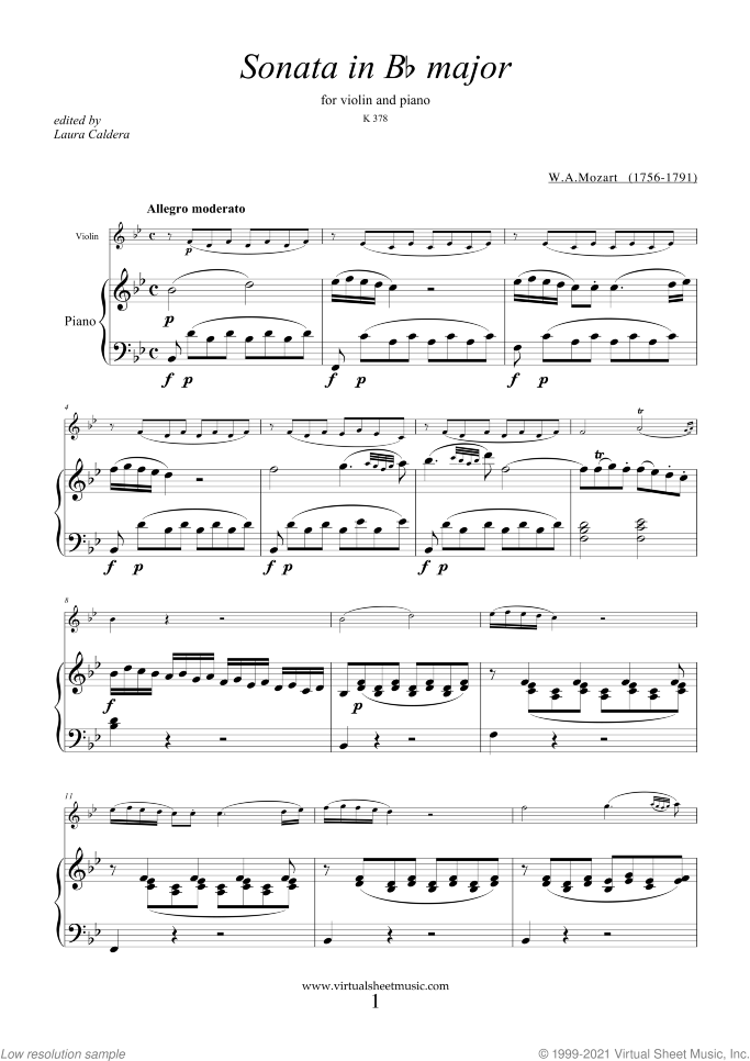 Sonata in Bb major K378 sheet music for violin and piano by Wolfgang Amadeus Mozart, classical score, intermediate skill level