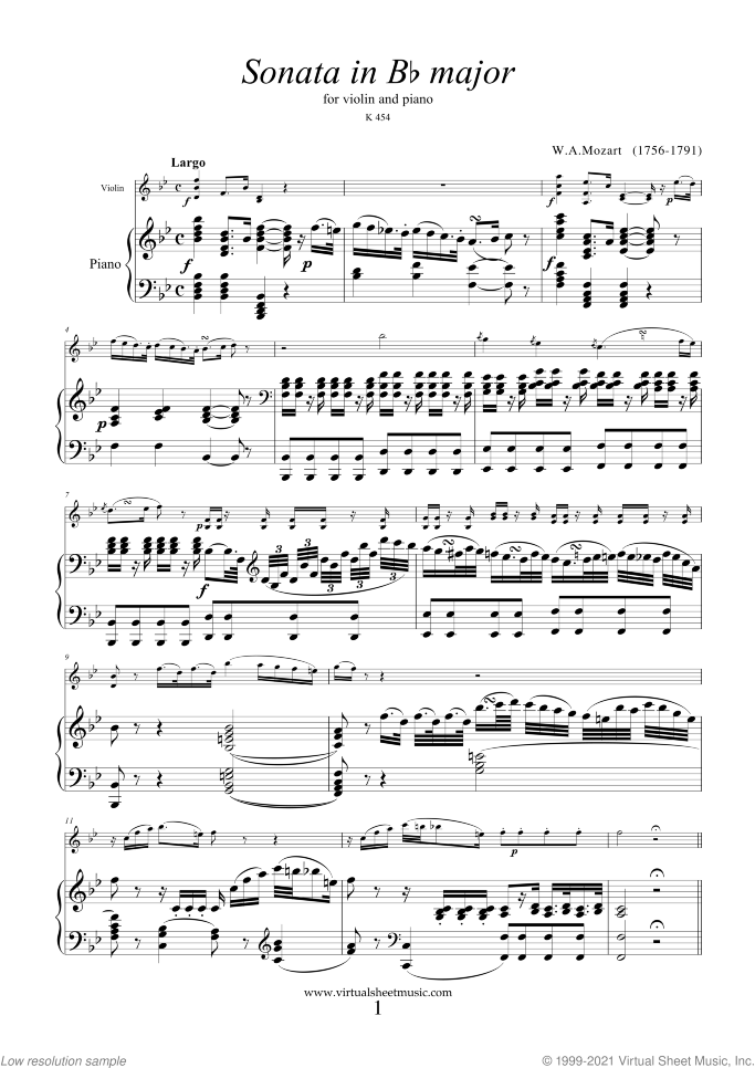 Sonata in Bb major K454 sheet music for violin and piano by Wolfgang Amadeus Mozart, classical score, intermediate skill level