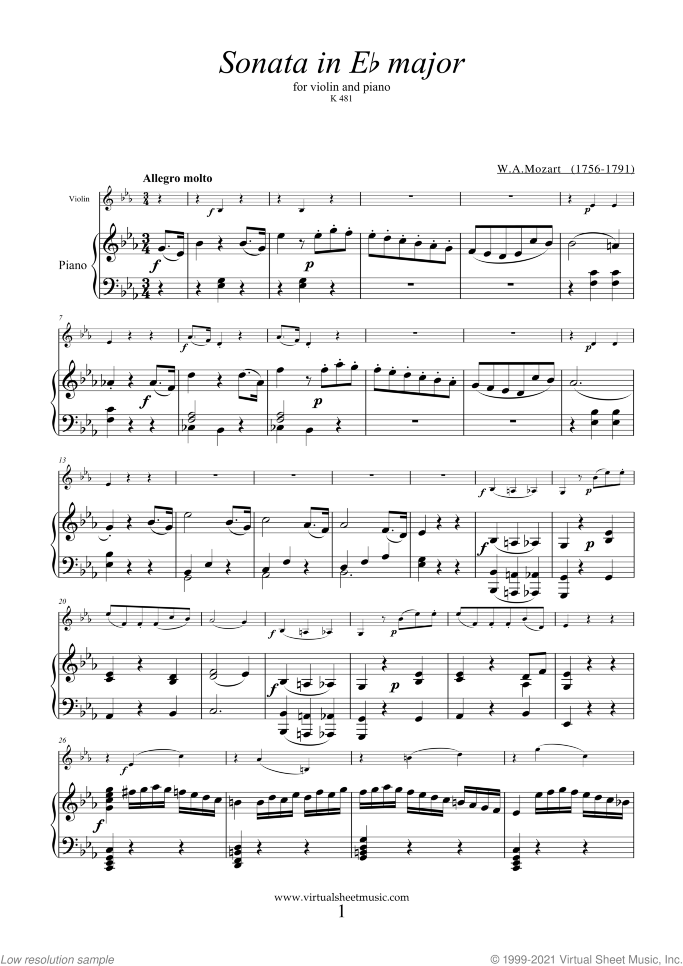 Sonata in Eb major K481 sheet music for violin and piano by Wolfgang Amadeus Mozart, classical score, intermediate skill level