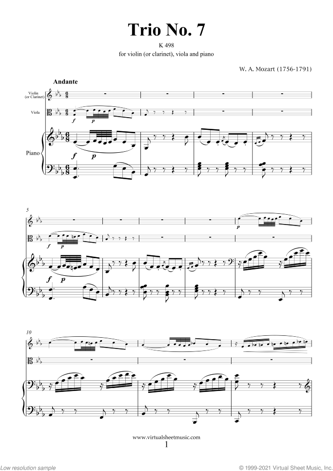 Trio No.7 K498 sheet music for violin (or clarinet), viola (or cello) and piano by Wolfgang Amadeus Mozart, classical score, intermediate/advanced skill level