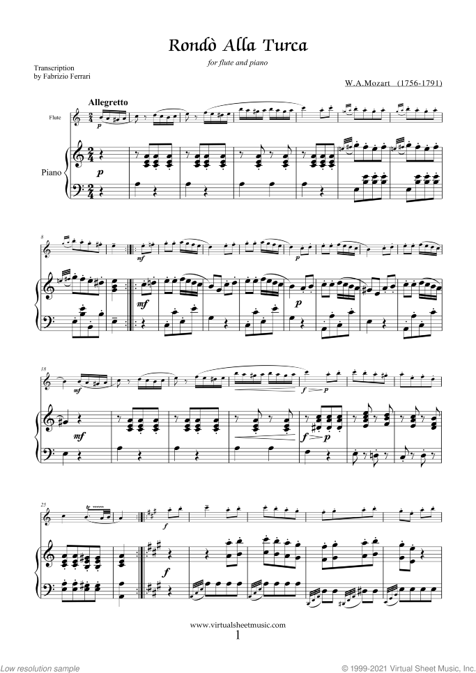 Rondo "Alla Turca" sheet music for flute and piano by Wolfgang Amadeus Mozart, classical score, intermediate skill level