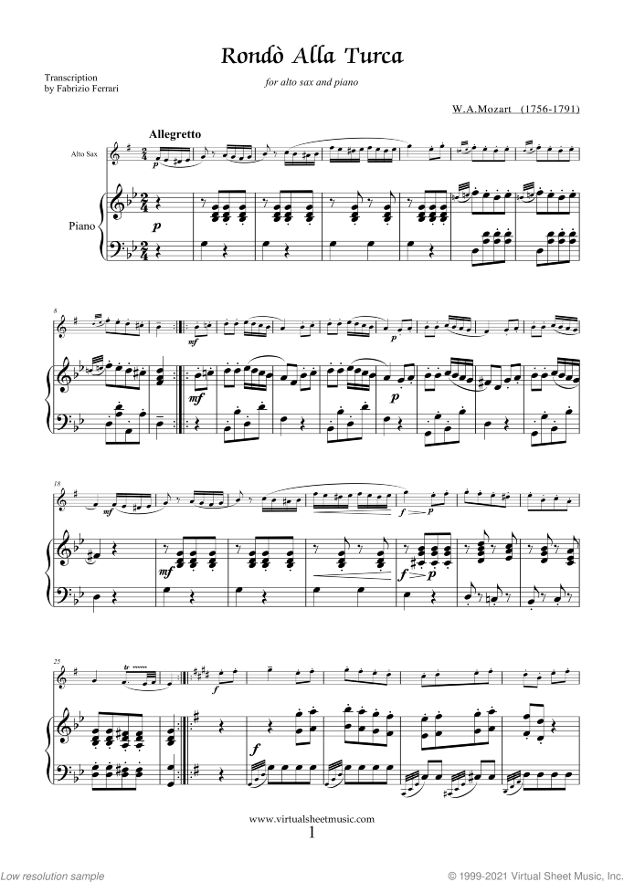 Rondo "Alla Turca" sheet music for alto saxophone and piano by Wolfgang Amadeus Mozart, classical score, intermediate skill level