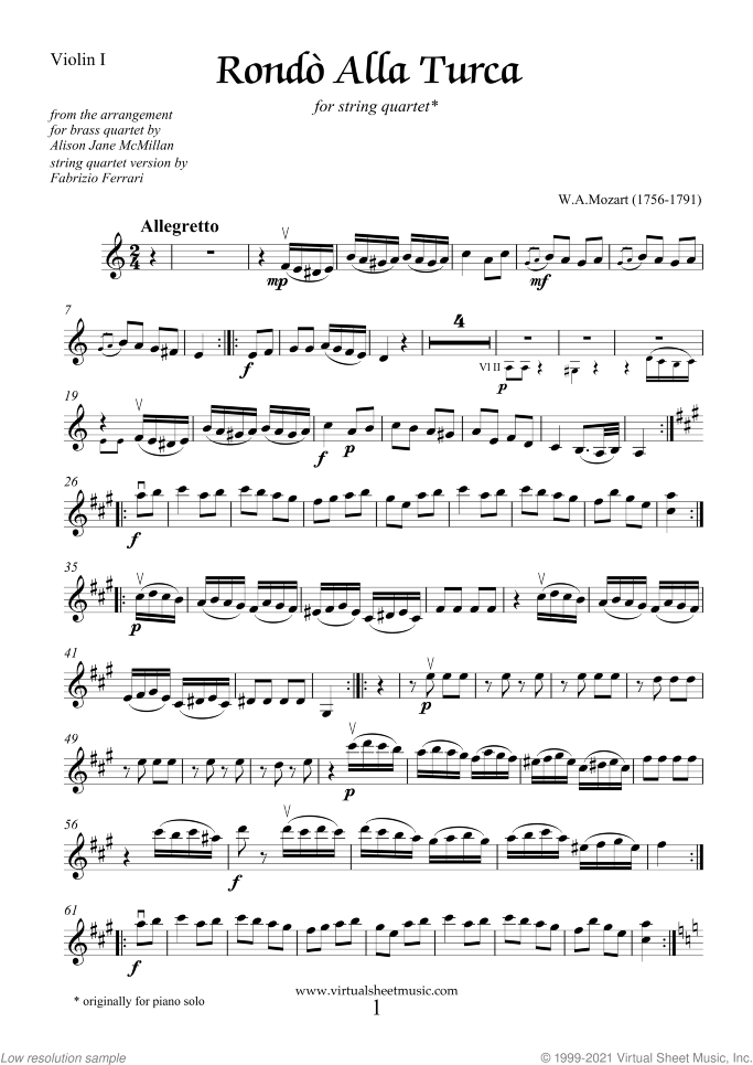Rondo "Alla Turca" (parts) sheet music for string quartet by Wolfgang Amadeus Mozart, classical score, intermediate/advanced skill level