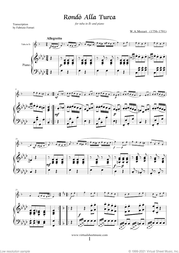 Rondo "Alla Turca" sheet music for tuba in Eb and piano by Wolfgang Amadeus Mozart, classical score, intermediate skill level