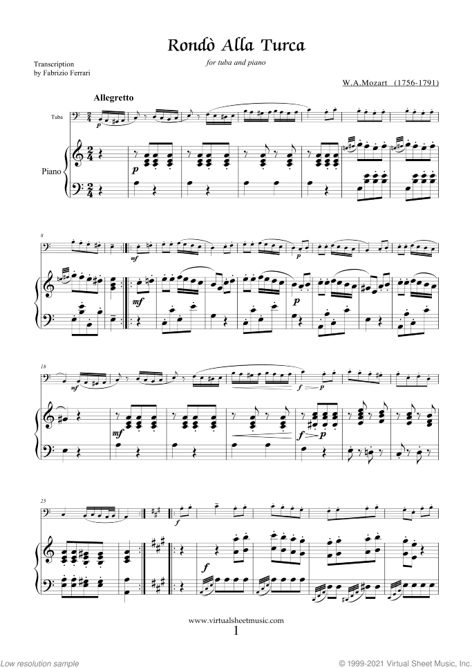 Rondo"Alla Turca" - Turkish March sheet music for tuba and piano by Wolfgang Amadeus Mozart, classical score, intermediate skill level