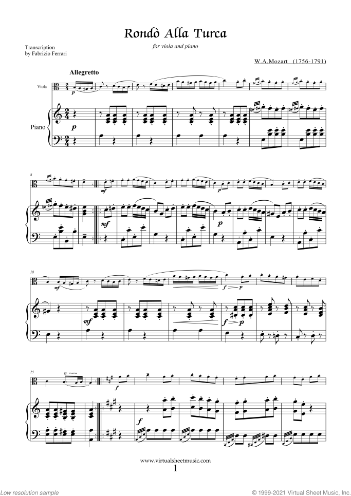 Rondo "Alla Turca" sheet music for viola and piano by Wolfgang Amadeus Mozart, classical score, advanced skill level