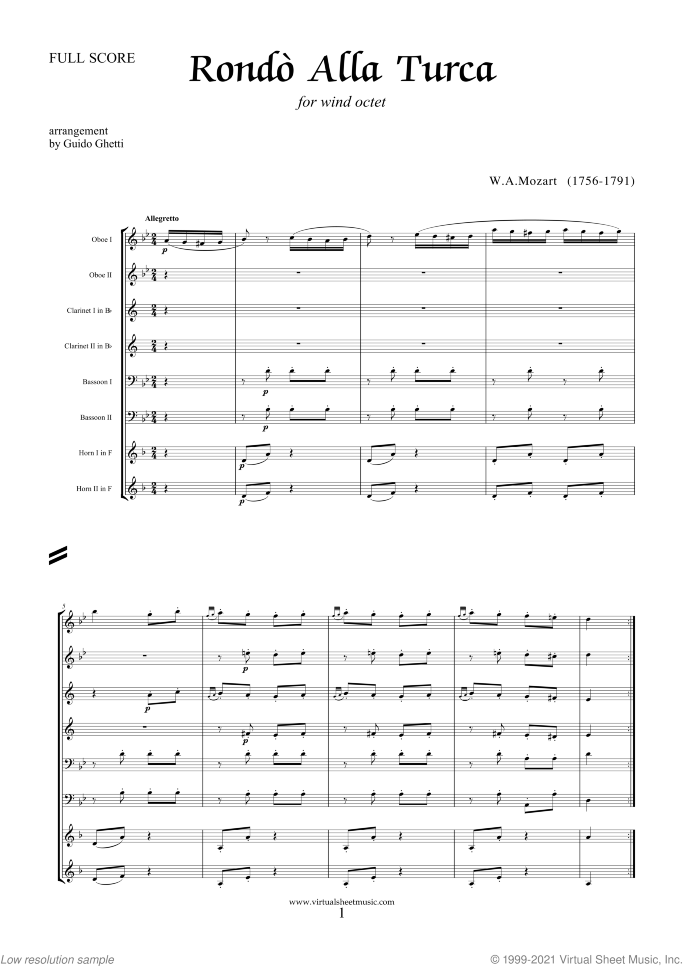 Rondo "Alla Turca" (COMPLETE) sheet music for wind octet by Wolfgang Amadeus Mozart, classical score, intermediate/advanced skill level