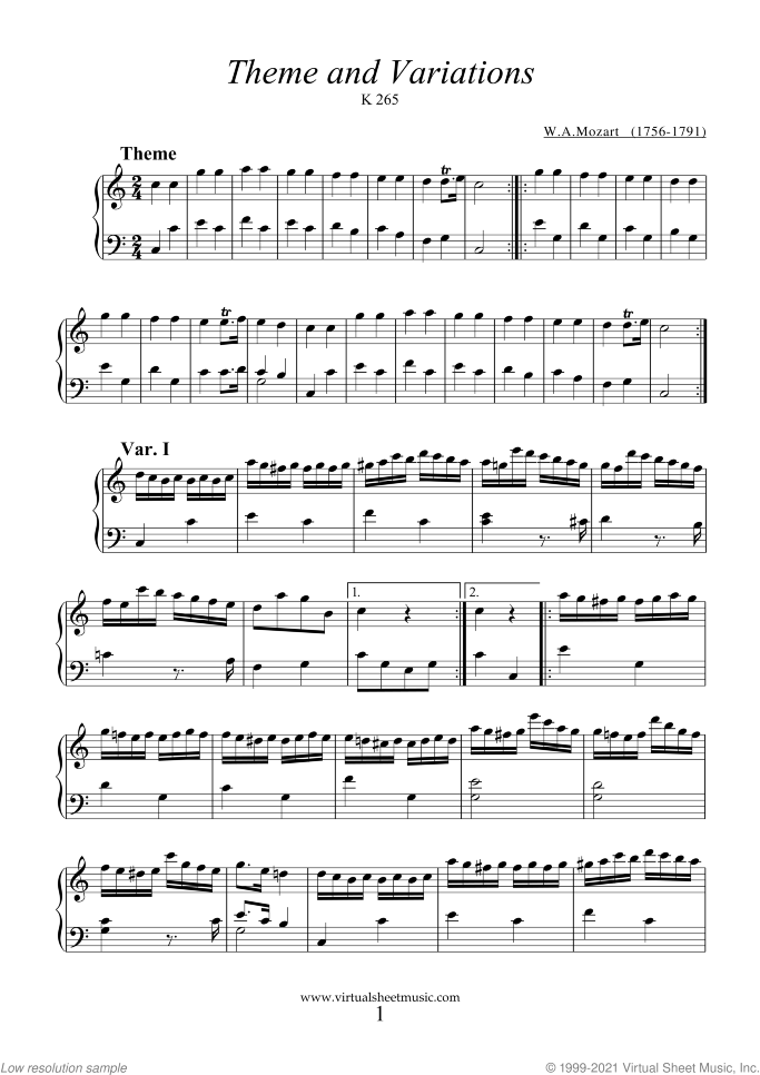 Theme and Variations K265 sheet music for piano solo by Wolfgang Amadeus Mozart, classical score, easy skill level