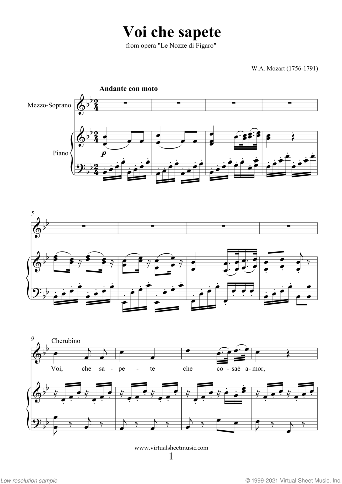 Voi Che Sapete sheet music for mezzo soprano and piano by Wolfgang Amadeus Mozart, classical score, intermediate skill level