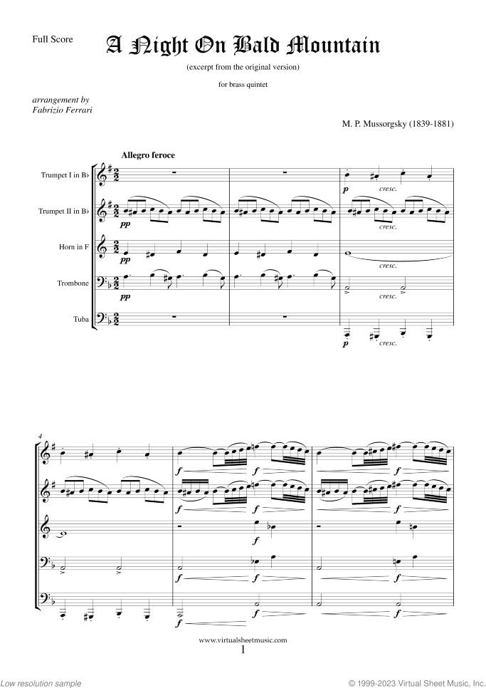 A Night on Bald Mountain (f.score) sheet music for brass quintet by Modest Petrovic Mussorgsky, classical score, intermediate/advanced skill level