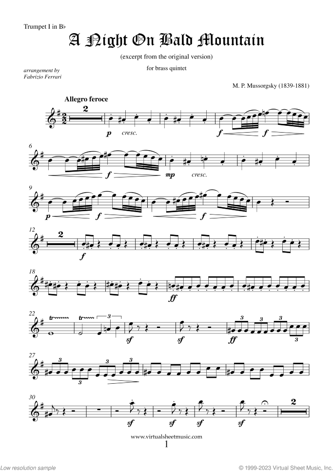 A Night on Bald Mountain (parts) sheet music for brass quintet by Modest Petrovic Mussorgsky, classical score, intermediate/advanced skill level