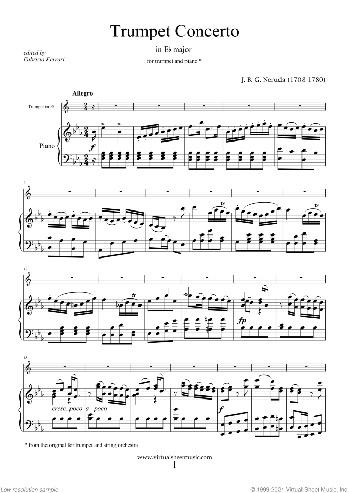 Concerto in Eb major sheet music for trumpet and piano by Johann Baptist Georg Neruda, classical score, intermediate skill level