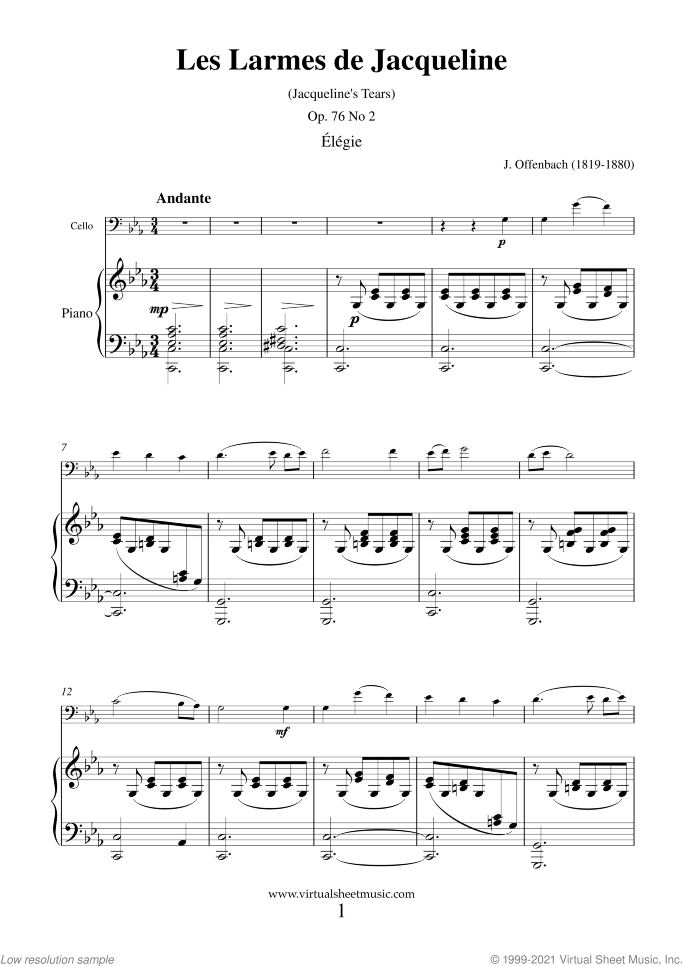 Les Larmes de Jacqueline sheet music for cello and piano by Jacques Offenbach, classical score, advanced skill level