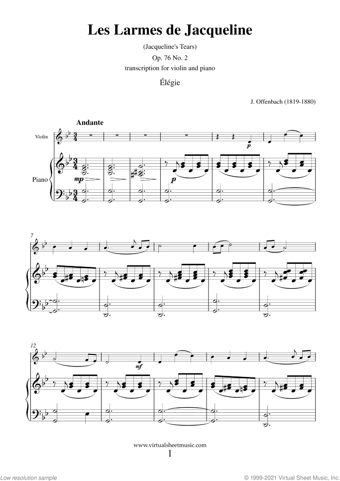 Les Larmes de Jacqueline sheet music for violin and piano by Jacques Offenbach, classical score, advanced skill level