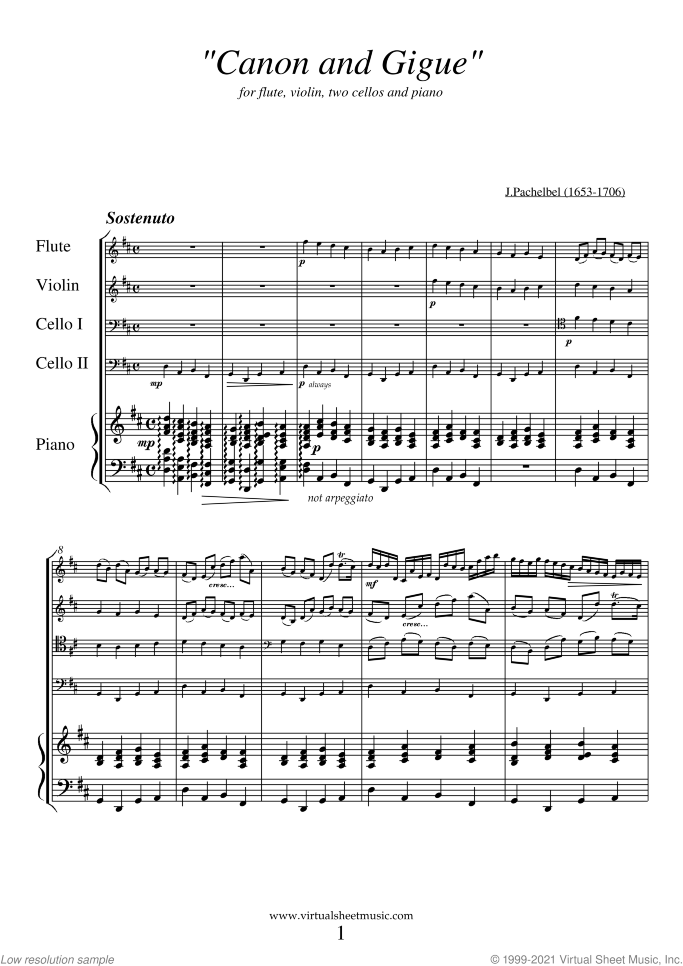 Canon in D and Gigue sheet music for fl, vl, 2 vc and piano by Johann Pachelbel, classical wedding score, intermediate skill level