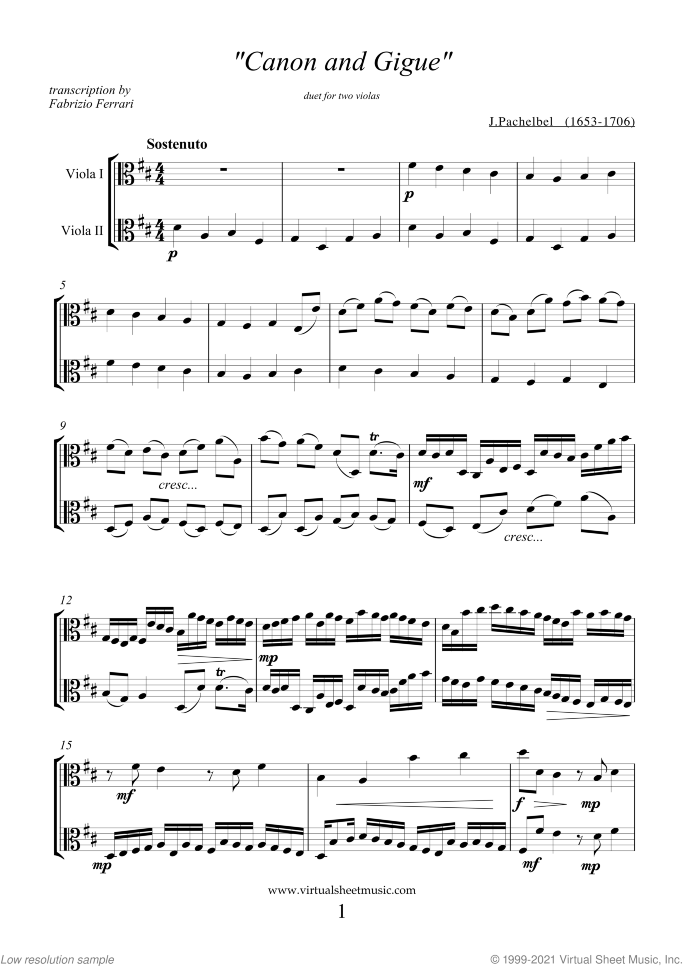 Canon in D and Gigue sheet music for two violas by Johann Pachelbel, classical wedding score, intermediate/advanced duet