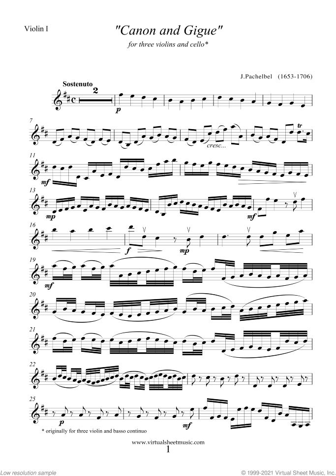 Canon in D and Gigue (parts) sheet music for three violins and cello by Johann Pachelbel, classical wedding score, intermediate skill level