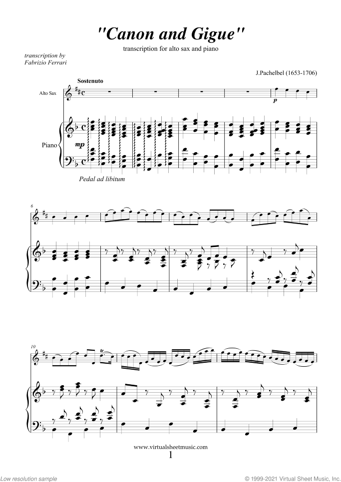 Canon in D and Gigue sheet music for alto saxophone and piano by Johann Pachelbel, classical wedding score, intermediate/advanced skill level