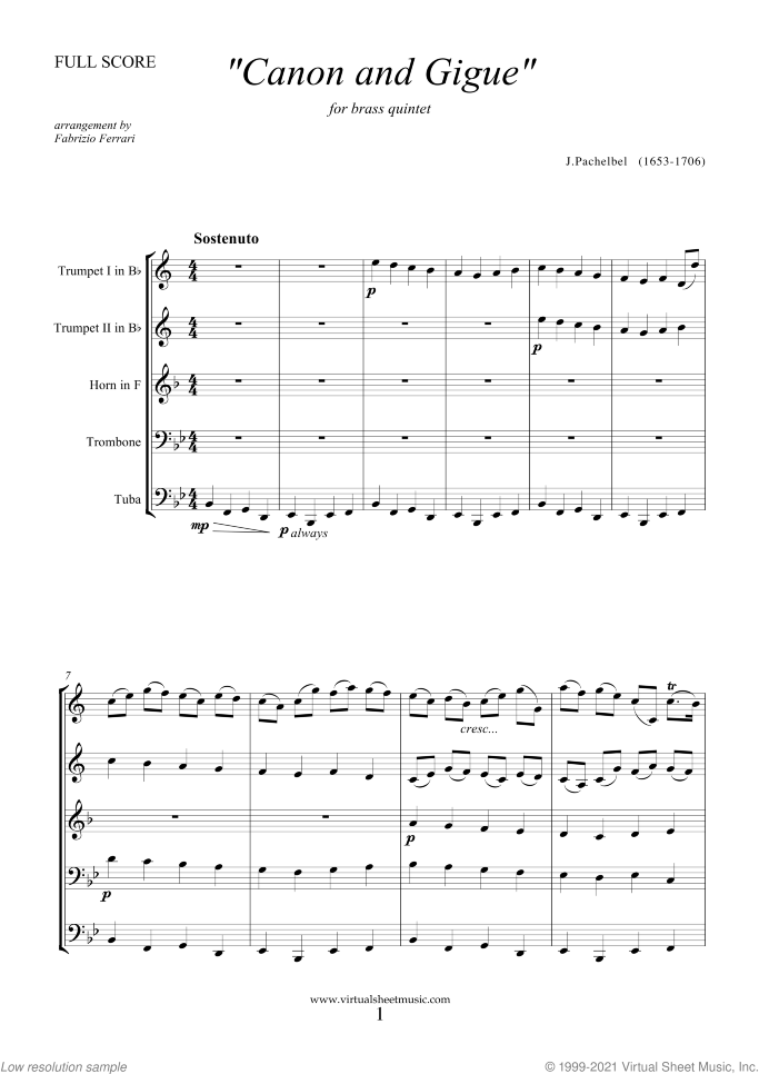 Canon in D and Gigue (f.score) sheet music for brass quintet by Johann Pachelbel, classical wedding score, advanced skill level