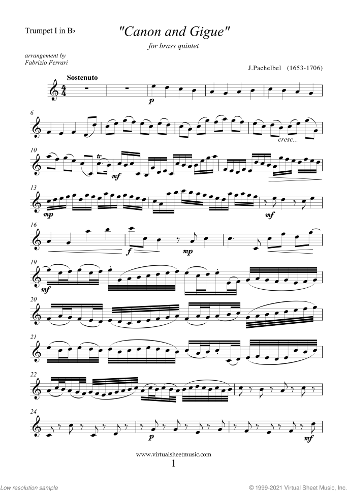 Canon in D and Gigue (parts) sheet music for brass quintet by Johann Pachelbel, classical wedding score, advanced skill level