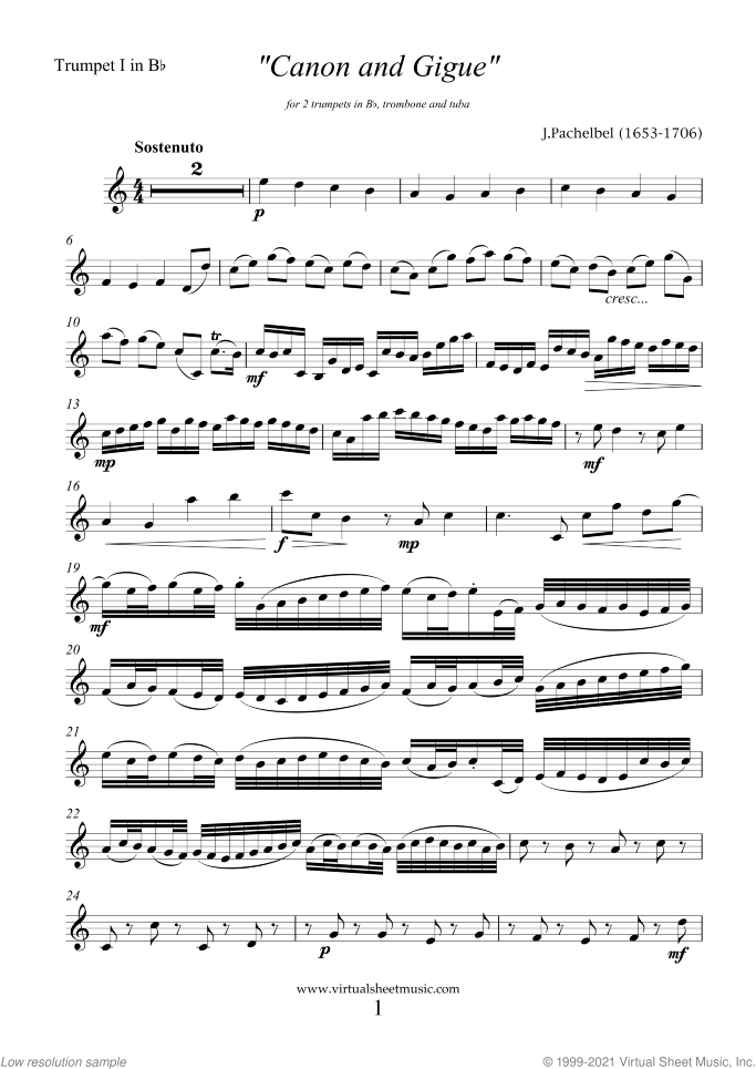 Canon in D and Gigue (parts) sheet music for brass quartet by Johann Pachelbel, classical wedding score, advanced skill level