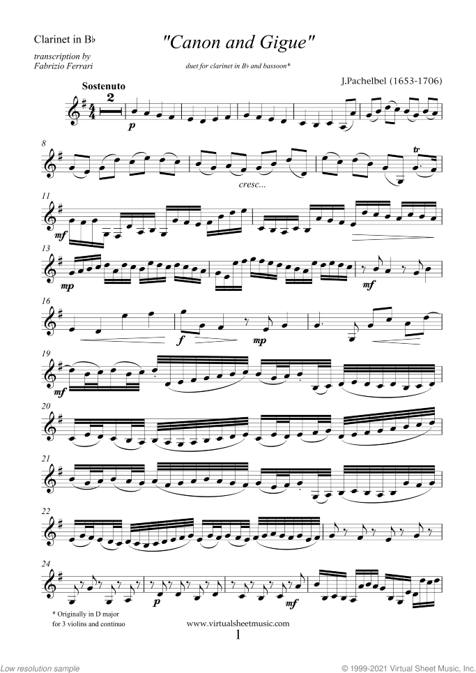 Canon in D and Gigue sheet music for clarinet and bassoon by Johann Pachelbel, classical wedding score, intermediate/advanced duet