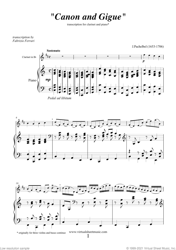 Canon in D and Gigue sheet music for clarinet and piano by Johann Pachelbel, classical wedding score, intermediate/advanced skill level