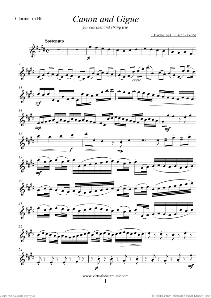 Canon in D and Gigue sheet music for clarinet and string trio by Johann Pachelbel, classical wedding score, intermediate skill level