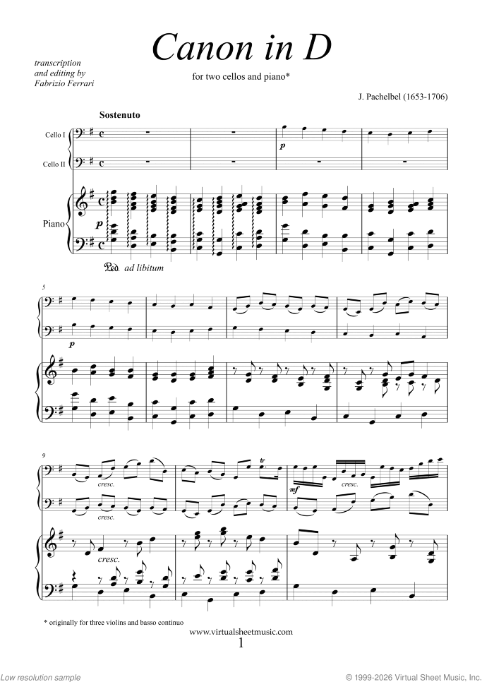 Canon in D sheet music for two cellos and piano by Johann Pachelbel, classical wedding score, intermediate duet