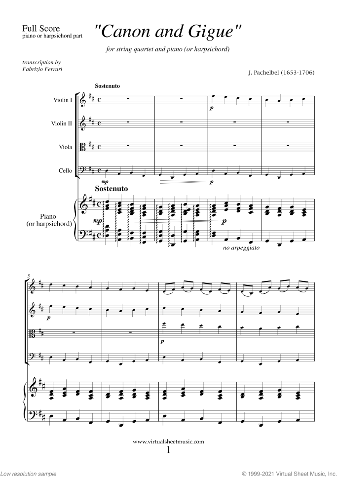 Canon in D and Gigue sheet music for string quartet and harpsichord (or piano) by Johann Pachelbel, classical wedding score, intermediate skill level