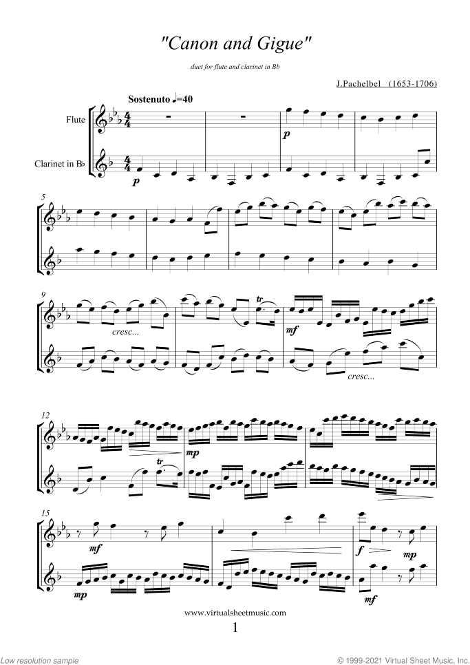 Canon in D and Gigue sheet music for flute and clarinet by Johann Pachelbel, classical wedding score, intermediate duet