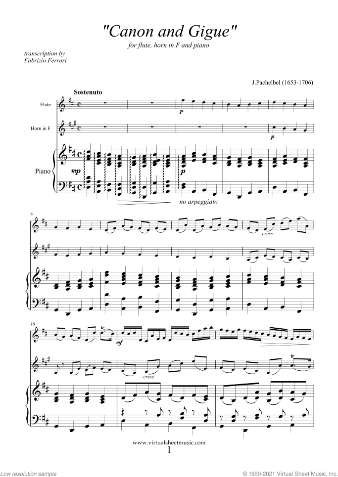 Canon in D and Gigue sheet music for flute, horn and piano by Johann Pachelbel, classical wedding score, intermediate/advanced skill level
