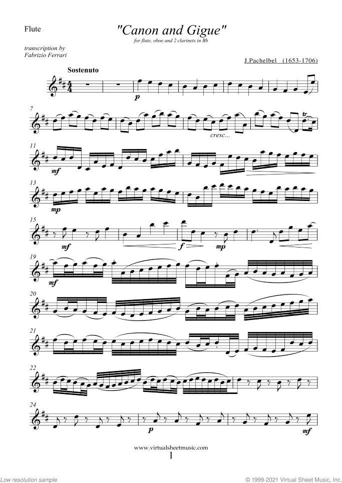 Canon in D and Gigue sheet music for wind quartet (1) by Johann Pachelbel, classical wedding score, intermediate skill level